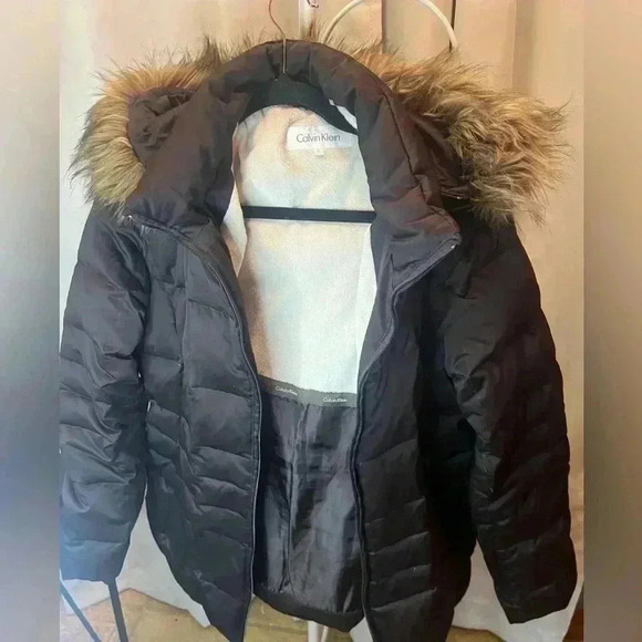 Calvin Klein Womens Down Coat Large Brown Fur Trim Hood Zip Pockets Full Zip - Picture 8 of 8